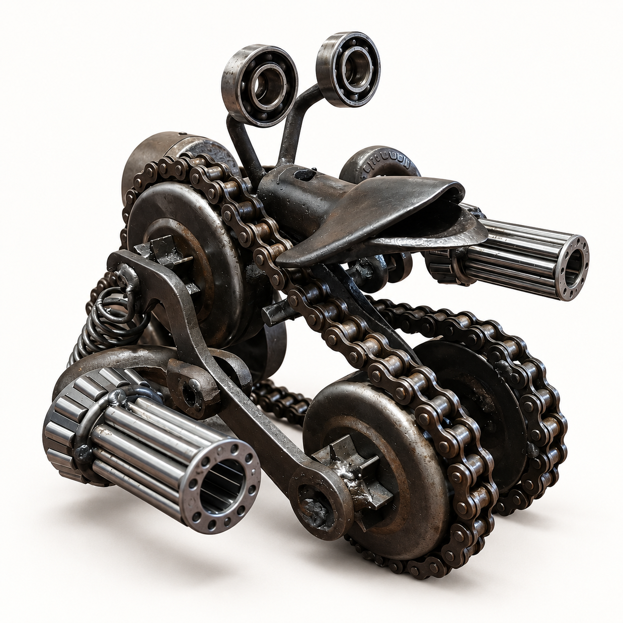 Whimsical mechanical creature made from chains, bearings, springs and reclaimed steel